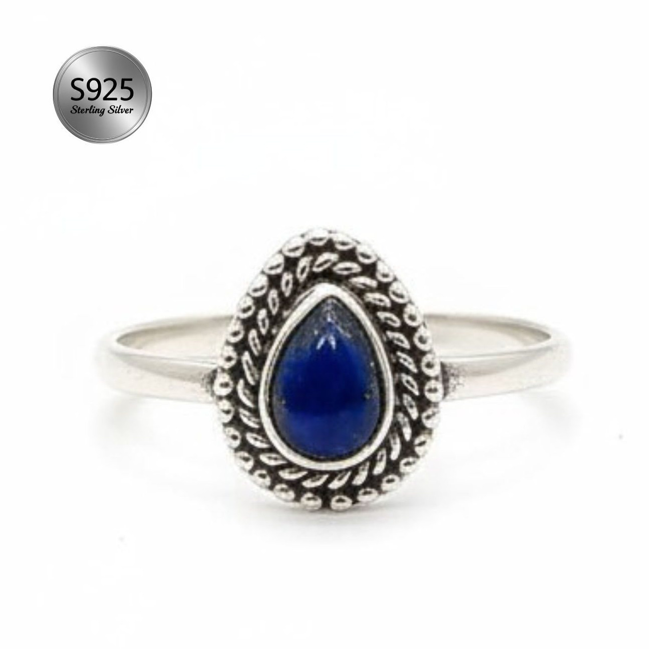 Women's Natural 925 Sterling Silver Pear Shape Gemstone Vintage Boho Teardrop Ring